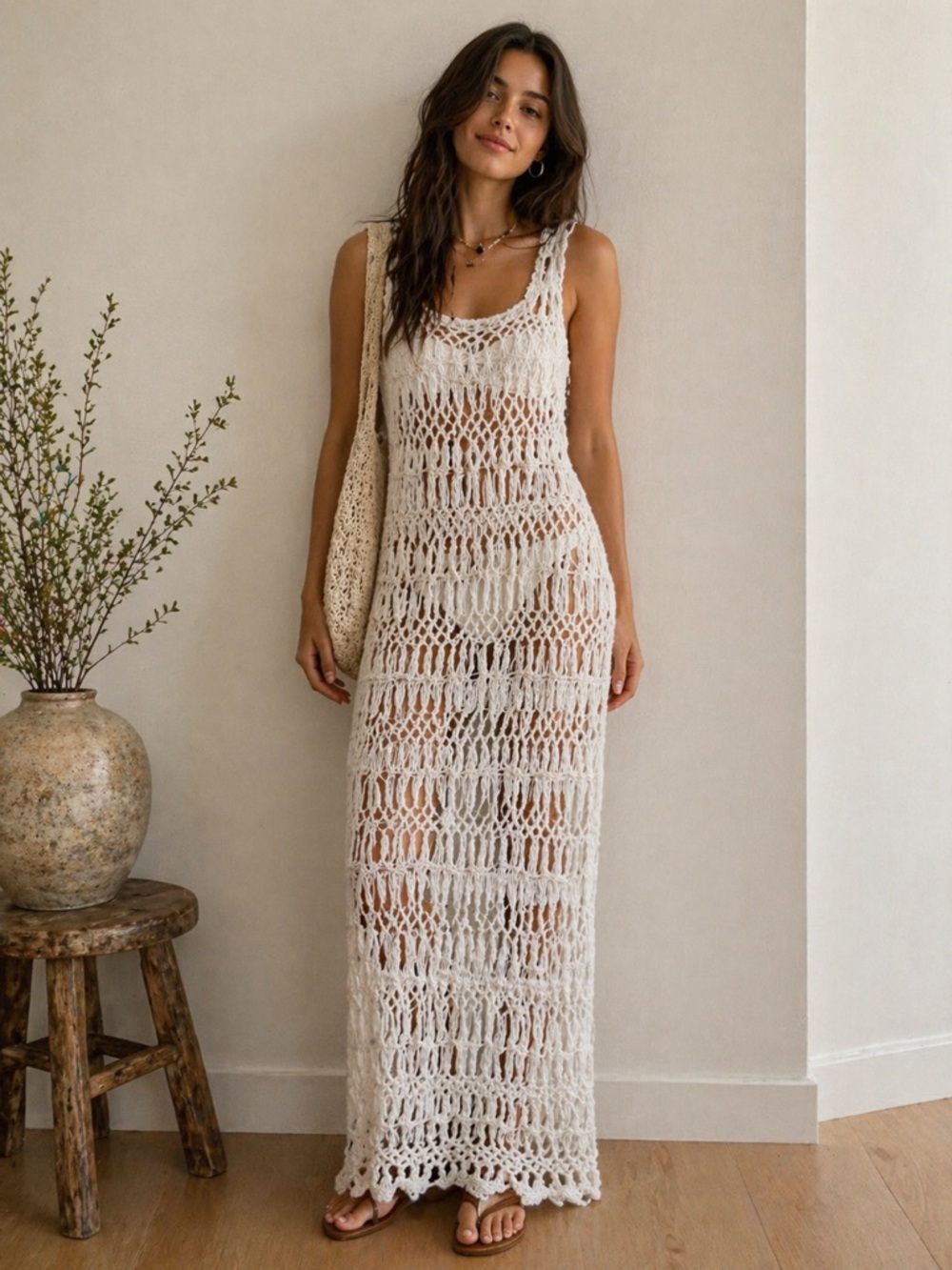 Tommy Bahamas Cream Crochet Maxi Beach Cover-Up